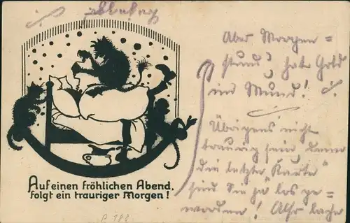 Ak Auf einen fröhlichen Abend folgt ein trauriger Morgen, Mann hat einen Kater, Betrunkener,Saalpost