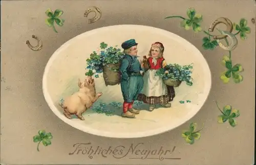 Passepartout Ak Glückwunsch Neujahr, Kleeblätter, Hufeisen, Kinder, Schwein