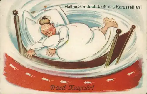 Ak Glückwunsch Neujahr, Mann mit Kater im Bett, Mäuse, Karussell