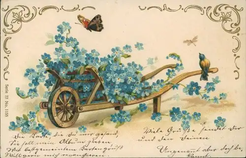 Litho Schubkarre, Vergissmeinnicht, Schmetterling, Vogel