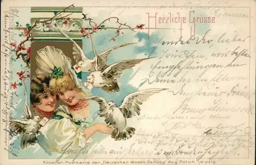 Litho Herliche Grüße, Frauen am Fenster, Tauben, Deutsche Moden-Zeitung