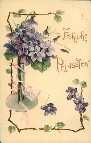 Präge Litho Glückwunsch Pfingsten, Veilchen, Blumenvase