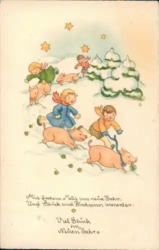 Ak Glückwunsch Neujahr, Kinder, Schweine, Schnee