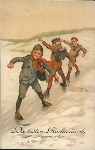 Ak Glückwunsch Neujahr, Jungen beim Eislaufen