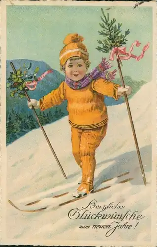 Ak Glückwunsch Neujahr, Kind auf Skiern