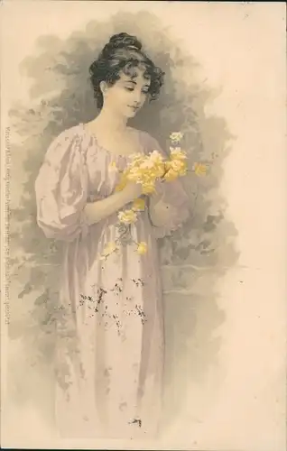 Ak Frau in rosa Kleid mit gelben Blüten