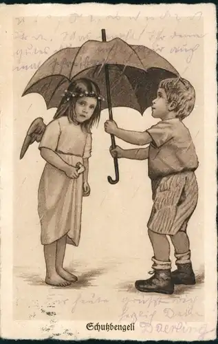 Künstler Ak Löwe, Meta, Schutzbengeli, Engel, Regenschirm