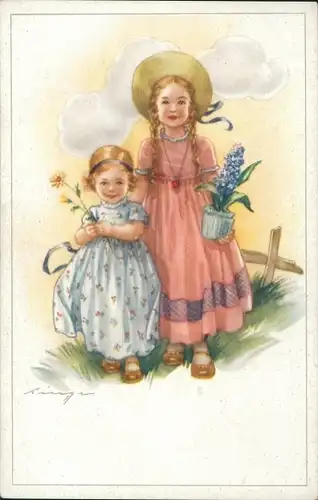 Künstler Ak Zwei Mädchen mit Blumen