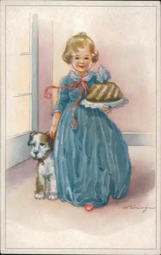 Künstler Ak Mädchen mit Kuchen und Hund