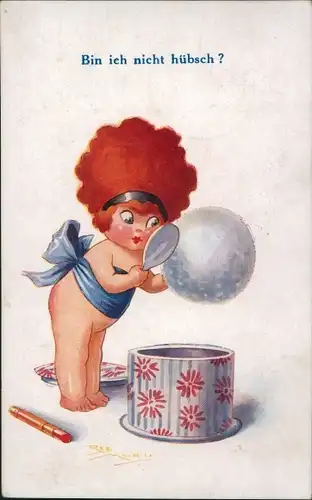 Künstler Ak Bin ich nicht hübsch, Mädchen, Puderquaste, Handspiegel