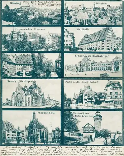 Ak Nürnberg in Mittelfranken, Germanisches Nationalmuseum, Bahnhof, Theater, Mauthalle, Kirche
