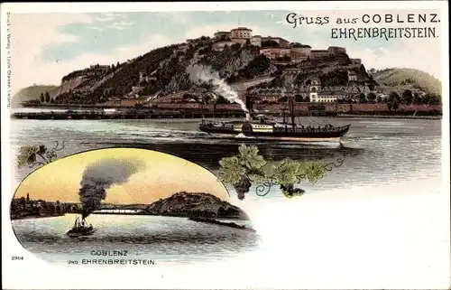 Litho Koblenz in Rheinland Pfalz, Ehrenbreitstein, Dampfer