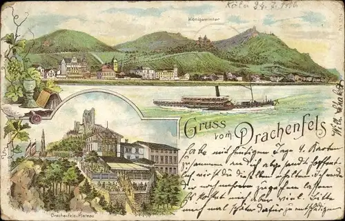 Litho Königswinter am Rhein, Drachenfels, Drachenburg, Dampfer