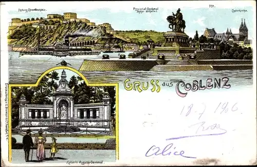 Litho Koblenz am Rhein, Deutsches Eck, Denkmal Kaiser Wilhelm I, Festung, Kirche