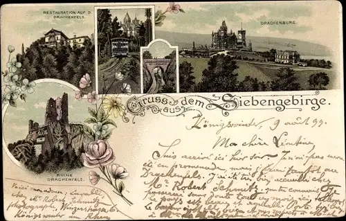 Litho Königswinter am Rhein, Drachenfels, Drachenburg, Restauration auf dem Drachenfels