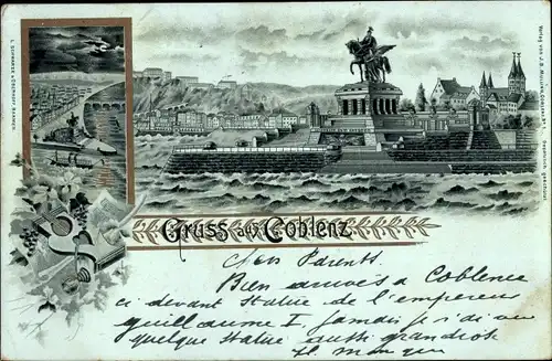 Mondschein Litho Koblenz in Rheinland Pfalz, Kaiser Wilhelm I Denkmal, Deutsches Eck