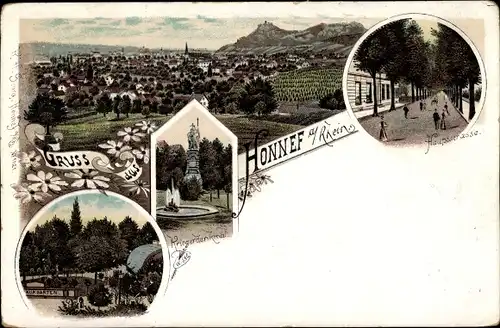 Litho Bad Honnef am Rhein, Gesamtansicht, Kriegerdenkmal, Hauptstraße, Kurgarten