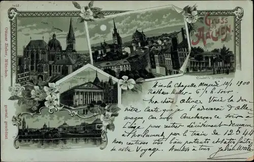 Mondschein Litho Aachen in Nordrhein Westfalen, Theater, Dom, Elisabeth Brunnen