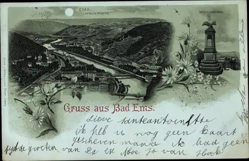 Mondschein Litho Bad Ems an der Lahn, Gesamtansicht, Kriegerdenkmal