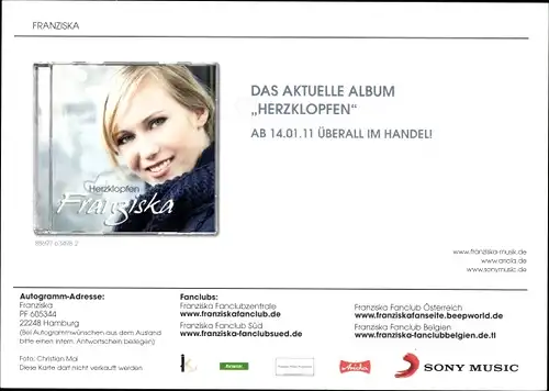 Ak Sängerin Franziska, Portrait, Album Herzklopfen, Autogramm