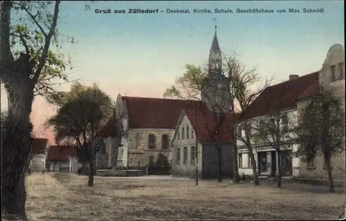 Ak Züllsdorf Herzberg an der Elster, Denkmal, Kirche, Schule, Geschäftshaus Max Schmidt