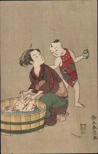 Künstler Ak Japan, Frau wäscht Wäsche, Kind, Kimono