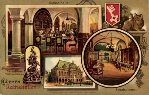 Litho Hansestadt Bremen, Ratskeller, Senatszimmer, die 4 Bremer Stadtmusikanten, Große Halle, Wappen