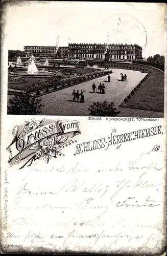 Litho Herrenchiemsee Herreninsel Chiemsee Oberbayern, Schloss, Totalansicht