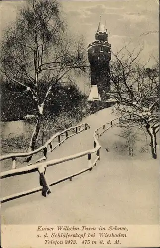 Ak Dotzheim Wiesbaden in Hessen, Kaiser Wilhelm Turm im Schnee, Schläferskopf