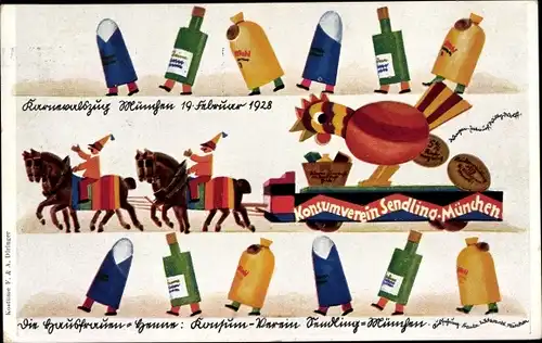 Ak München Bayern, Faschingszug 1928, Festkarte, Konsumverein Sendling