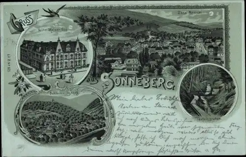 Mondschein Litho Sonneberg in Thüringen, Hotel Kaiserhof, Schlossberg, Teufelsgraben