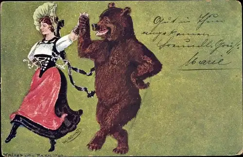 Künstler Ak Frau in Schweizer Tracht mit Braunbär