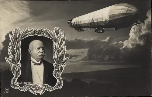Ak Luftschiff im Flug, Portrait Graf Zeppelin, Lorbeerkranz, LZ 4