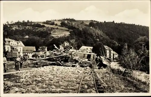 Ak Glashütte in Sachsen, Müglitztal, Unwetterkatastrophe 8 Juli 1927, zerstörter Zug