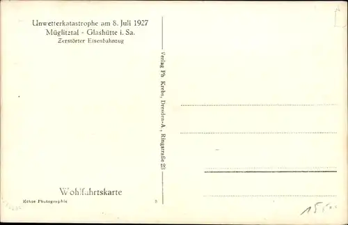 Ak Glashütte in Sachsen, Müglitztal, Unwetterkatastrophe 8 Juli 1927, zerstörter Zug