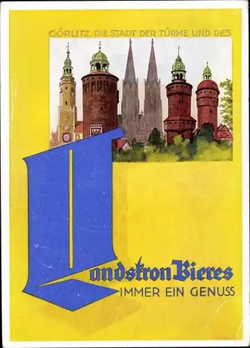 Künstler Ak Görlitz in der Lausitz, Türme der Stadt, Reklame, Landskron Brauerei