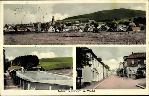 Ak Schwarzenbach am Wald Oberfranken, Gesamtansicht, Schwimmbad, Straße