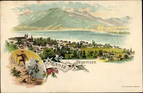 Litho Tegernsee in Oberbayern, Panorama, Bergsteiger