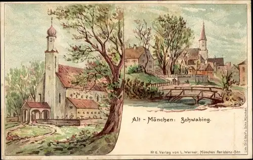 Künstler Litho Schwabing München Bayern, Kirche, Teilansicht