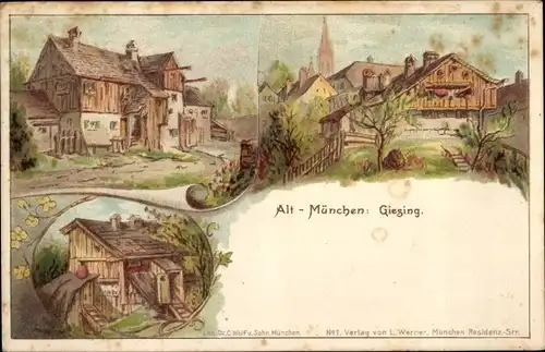 Künstler Litho Giesing München Bayern, Altstadt, Teilansichten