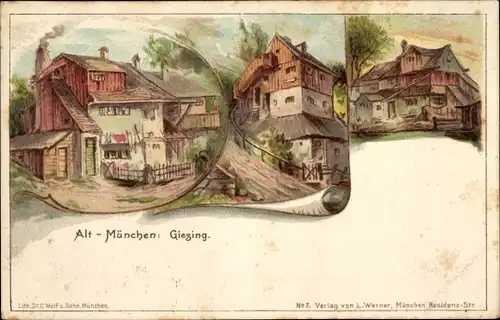 Künstler Litho Giesing München Bayern, Altstadt, Teilansichten