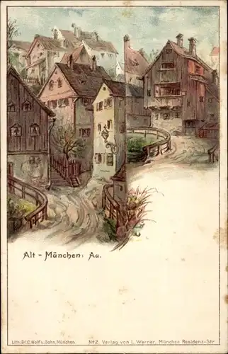 Künstler Litho Au München Bayern, Altstadt, Teilansichten