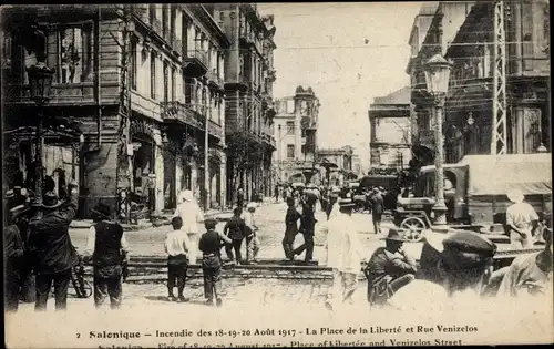 Ak Saloniki Thessaloniki Griechenland, Brand der Stadt 1917, Freiheitsplatz, Venizelos-Straße