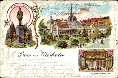 Litho Wiesbaden, Bismarck Denkmal, Kochbrunnen und Kochbrunnen Quelle