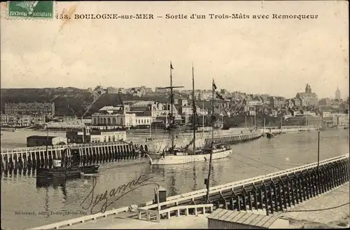 Ak Boulogne sur Mer Pas de Calais, Freigabe eines Dreimasters mit Schlepper