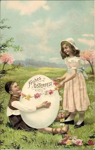 Präge Ak Glückwunsch Ostern, Kinder, Wiese, Osterei