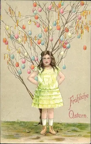 Präge Ak Glückwunsch Ostern, Ostereier am Baum, Mädchen