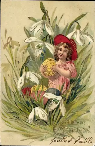 Präge Glitzer Ak Glückwunsch Ostern, Mädchen, Osterei, Schneeglocken