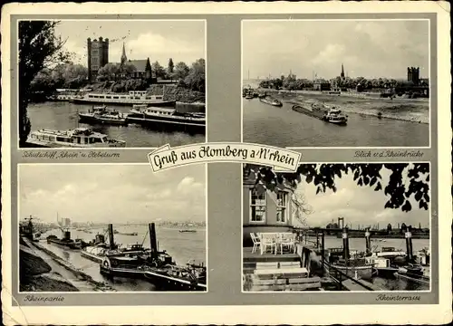 Ak Homberg am Rhein Duisburg im Ruhrgebiet, Blick v. d. Rheinbrücke, Rheinterrasse, Hotelturm