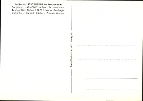 Ak Lichtenberg in Oberfranken, Burghotel Harmonie, Außenansicht, Innenansichten